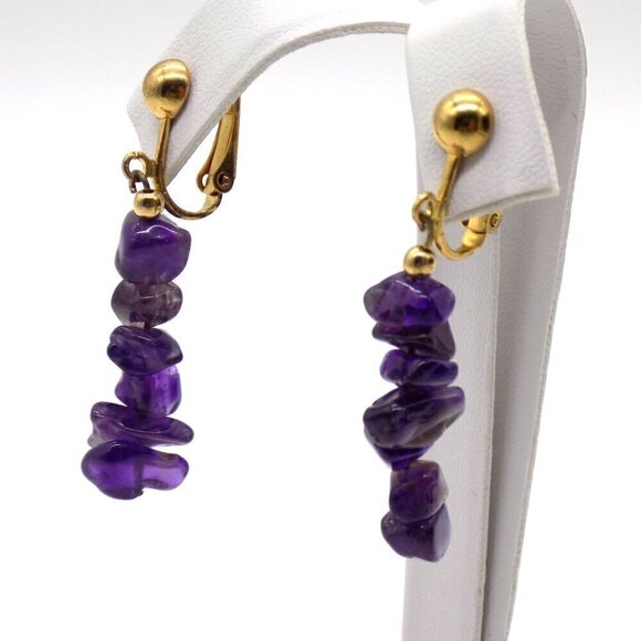 Vintage Genuine Amethyst Nuggets Dangle Drop Earrings Gold-tone Clip On - Picture 7 of 8